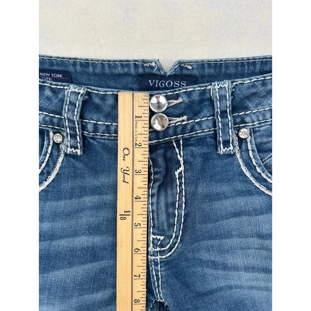 Vigoss The New‎ York Capri Jeans 31 Medium Wash Thick Stitch Rhinestone Cropped
